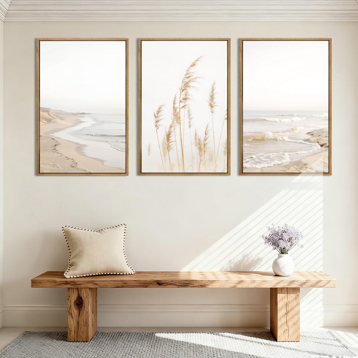 HPNIUB Modern Beach Waves Framed Wall Art Set,Seaside Reed Pathway Wall Decor,Minimalist Neutral Coastal Landscape Printing,Boho Seascape Nature Artwork for Living Room, Bedroom,Bathroom-24''x36''x3