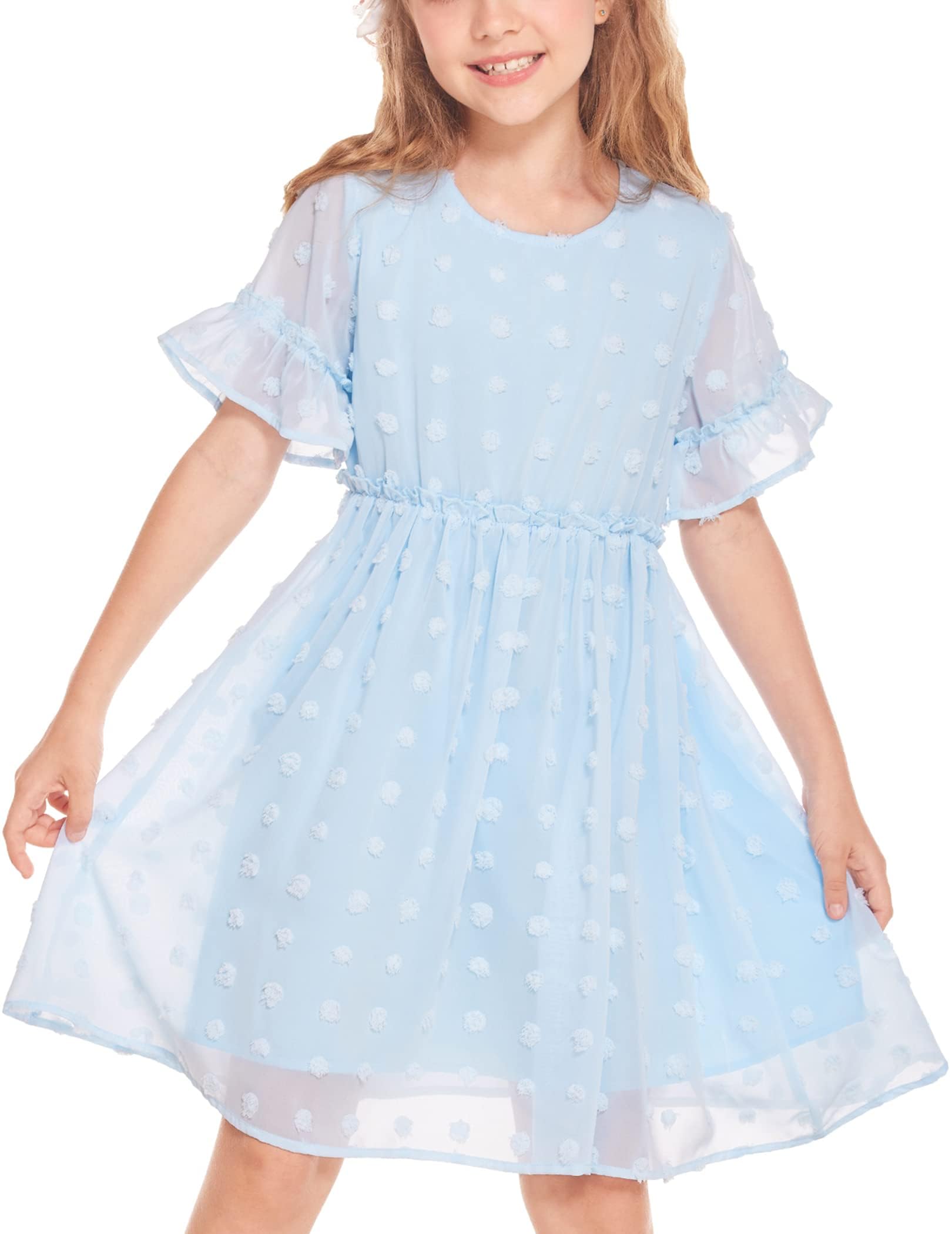 Flypigs Vestido Niñas Festivo Fiesta de Bodas Manga Corta Verano Vestido Informal Princesa Vestidos de Gasa Niños Adolescente Ropa 3-12 Años