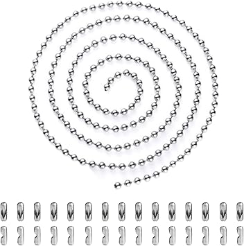 5 Meter Ball Bead Chain, Silver Stainless Steel Beaded Chain Beaded Roller Pull Chain Extension Metal Beaded Roller Blind Chain with 30 Matching Connectors 3.2 mm, Silver