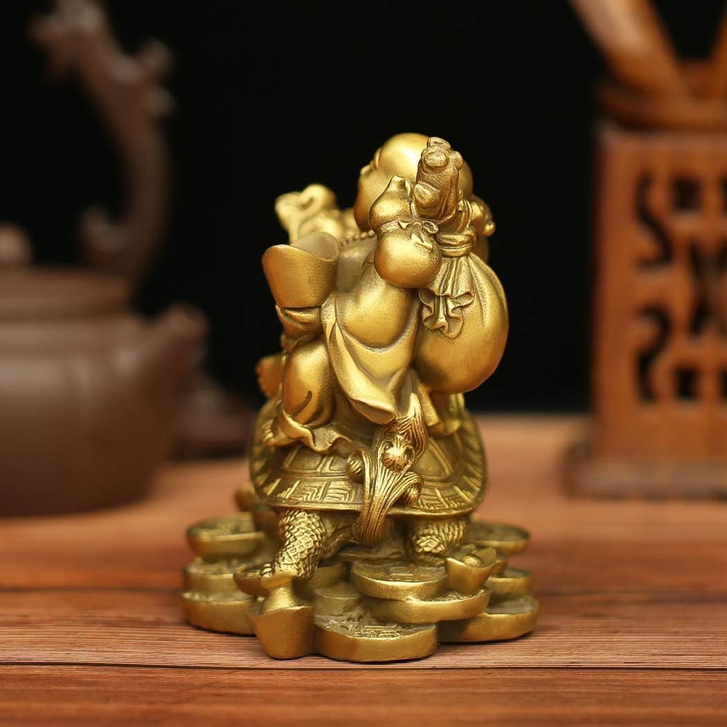 Estatuilla Buda Estatua De Buda Sonriente 4,7 Pulgadas Y Tortuga-Riqueza, Buena Fortuna Salud, Latón para Decoración del Hogar La Oficina Estatuas Decorativas