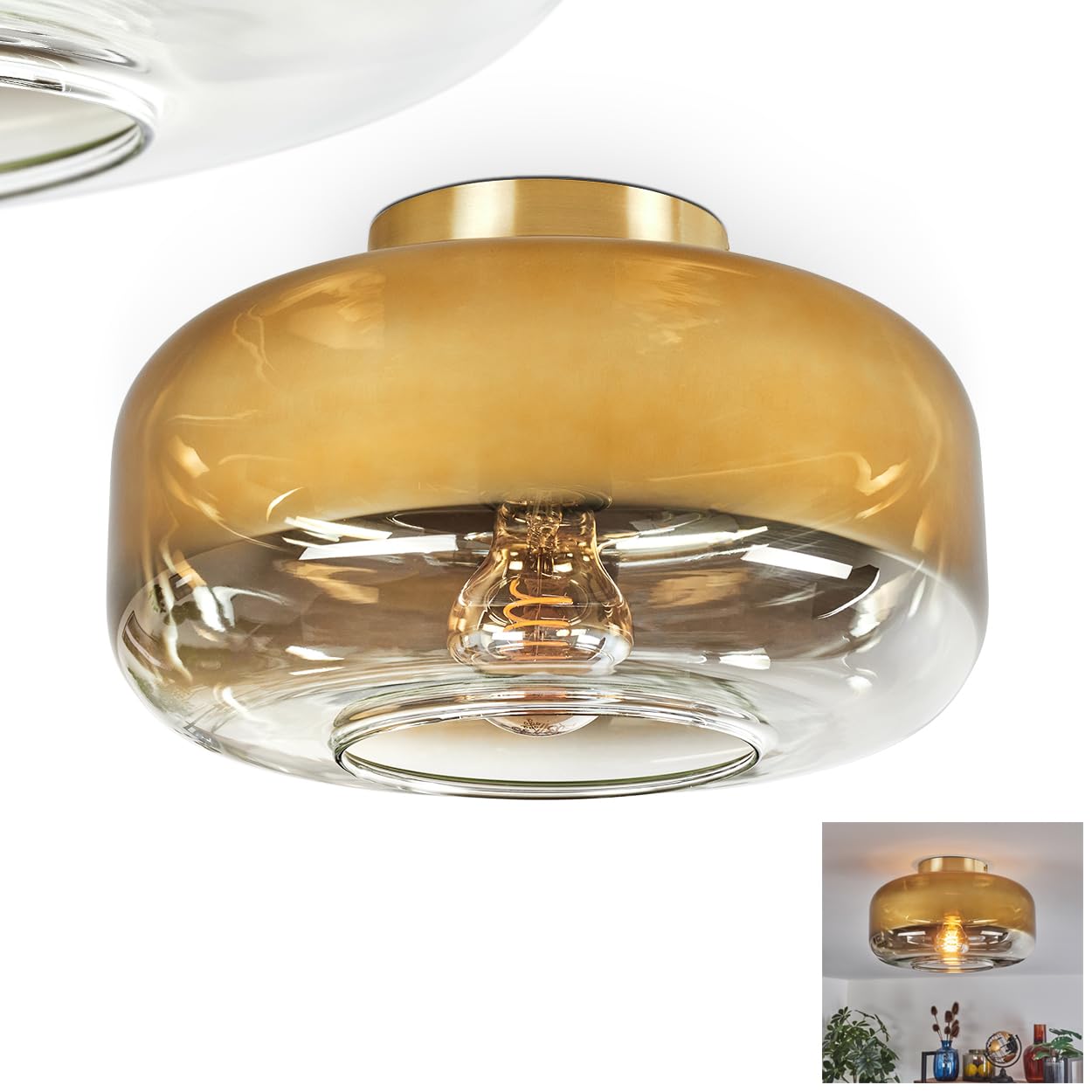 HOFSTEIN Deckenleuchte Boza, Deckenlampe aus Metall/Glas in Messing-/Goldfarben/Klar, moderne Leuchte im Retro/Vintage-Design (Ø Schirm 28 cm), E27, Schlafzimmer, Wohnzimmer, Küche, Esszimmer