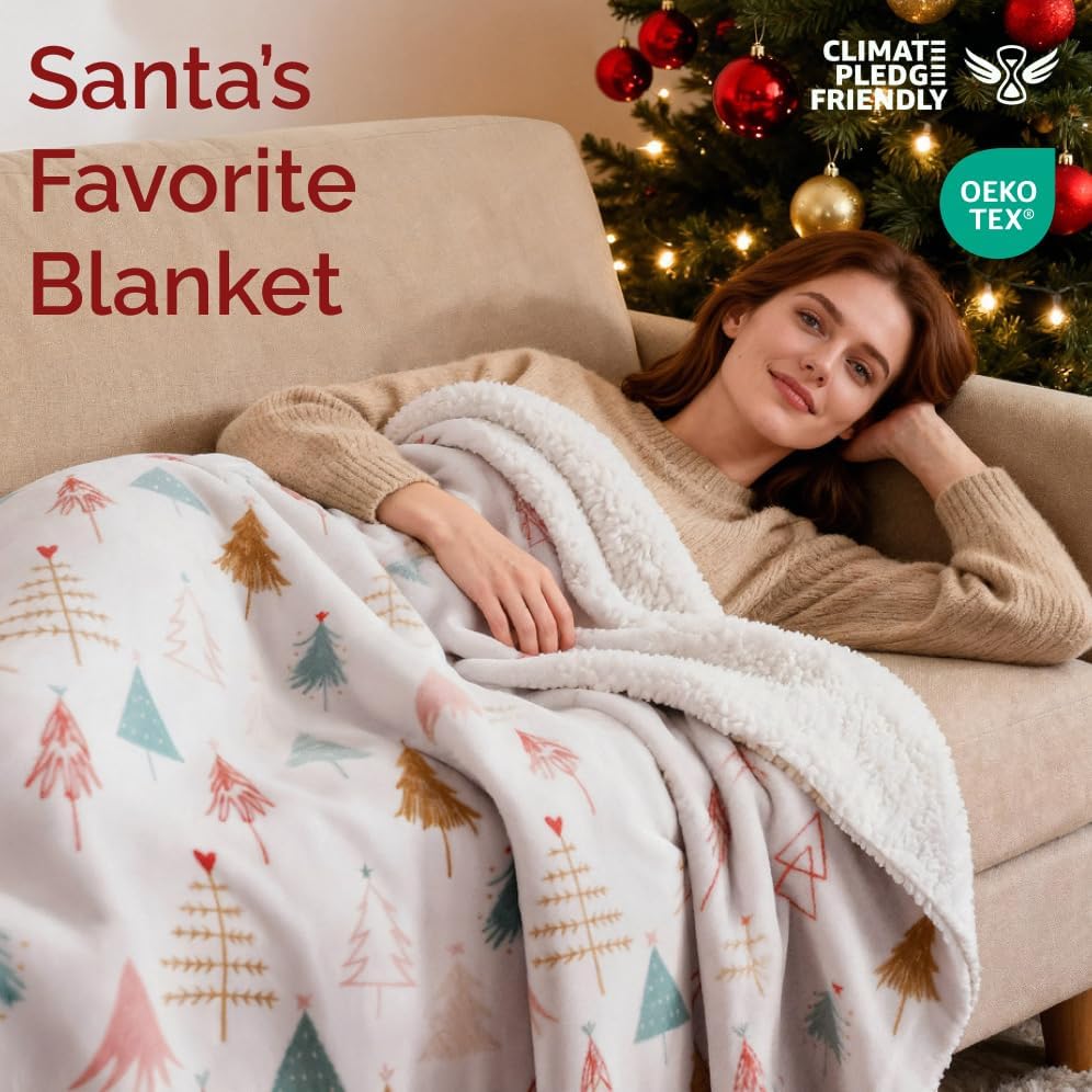 Christmas Sherpa Blanket Throw Size - Reversible Sherpa Fleece Blanket - Super Soft Double Sided Throw for Bed, Sofa, Couch - Thick, Cozy & Plush - Xmas Winter Bedding - Christmas Trees, Pink, 50x60 - Image 2