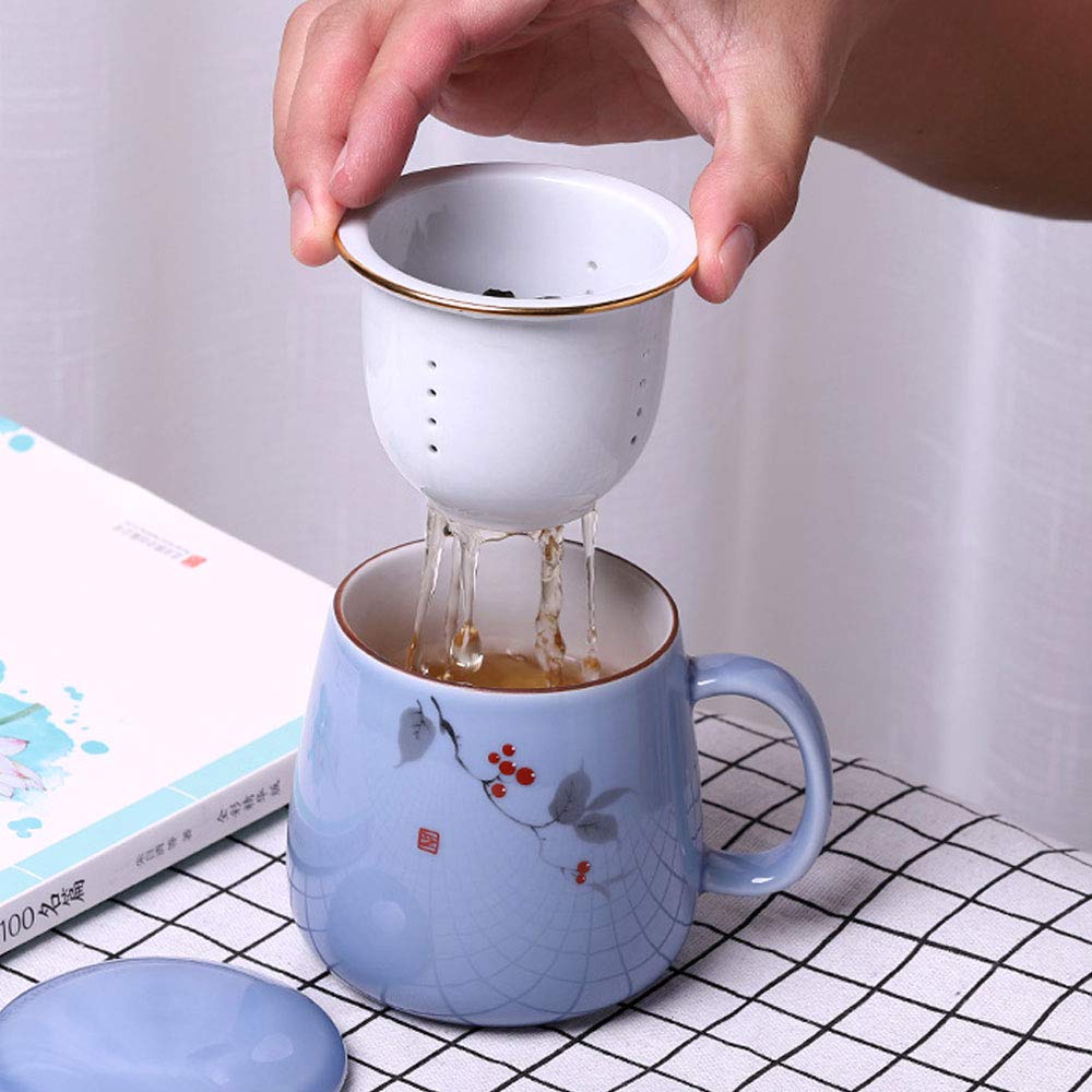Taza de té de cerámica con infusor y tapa de cerámica. Taza de té de porcelana premium de 18 oz con estuche para té de hojas sueltas, infusiones de hierbas, té de flores y café (azul oscuro).