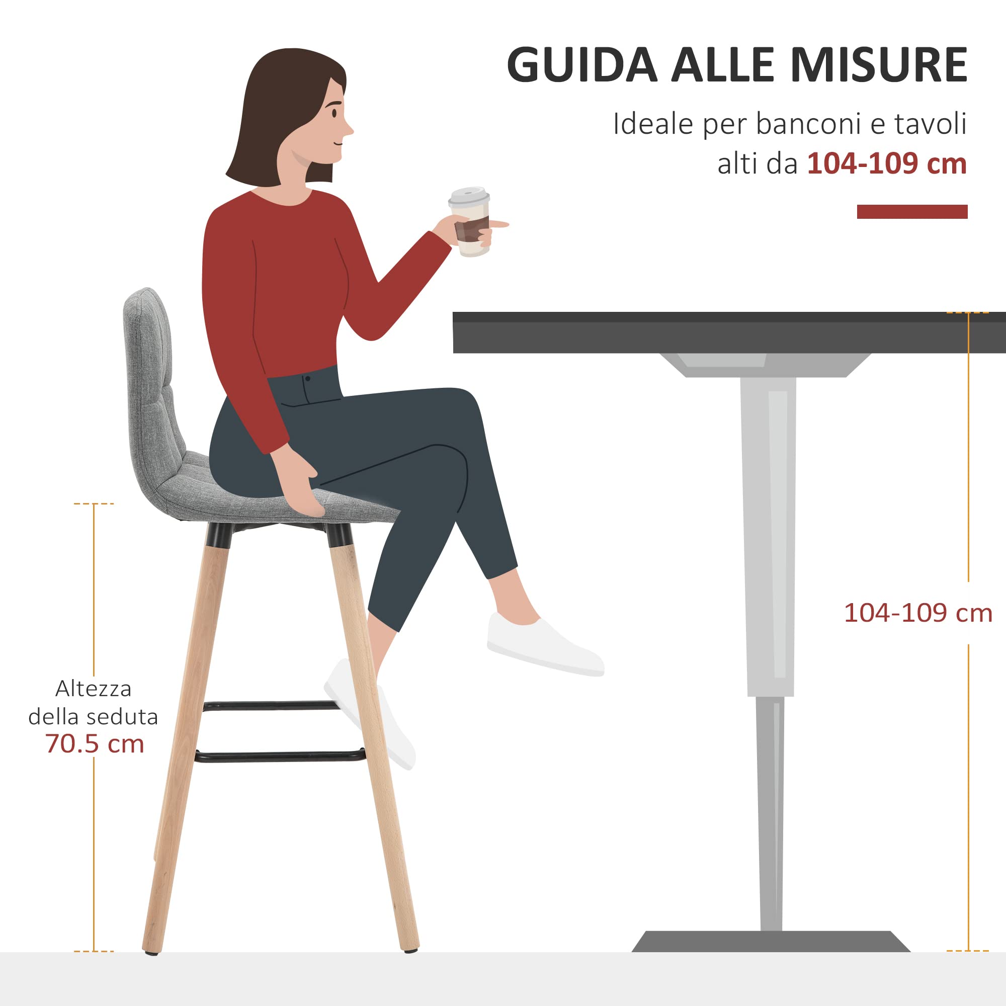 HOMCOM Set 2 Sgabelli da Bar con Schienale e Poggiapiedi, Grigio | Sgabelli Cucina, Seduta Imbottita in Tessuto e Gambe in Legno, 41.5x47x97.5