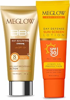 Meglow Skincare Combo Pack of 2 - Meglow Pro-Care Day Defense Sunscreen lotion with-SPF 30 PA+++ with Meglow BB+ Cream | S Price In India