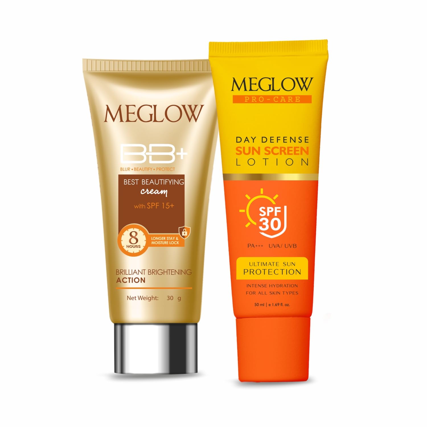 Meglow Skincare Combo Pack of 2 - Meglow Pro-Care Day Defense Sunscreen lotion with-SPF 30 PA+++ with Meglow BB+ Cream | S