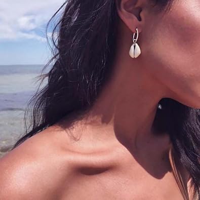 Andelaisi Boho Sea Shell Earrings - Silver Zinc Cowrie Seashell Dangle Hoop Earrings - Vintage Natural Beach Earrings for Women