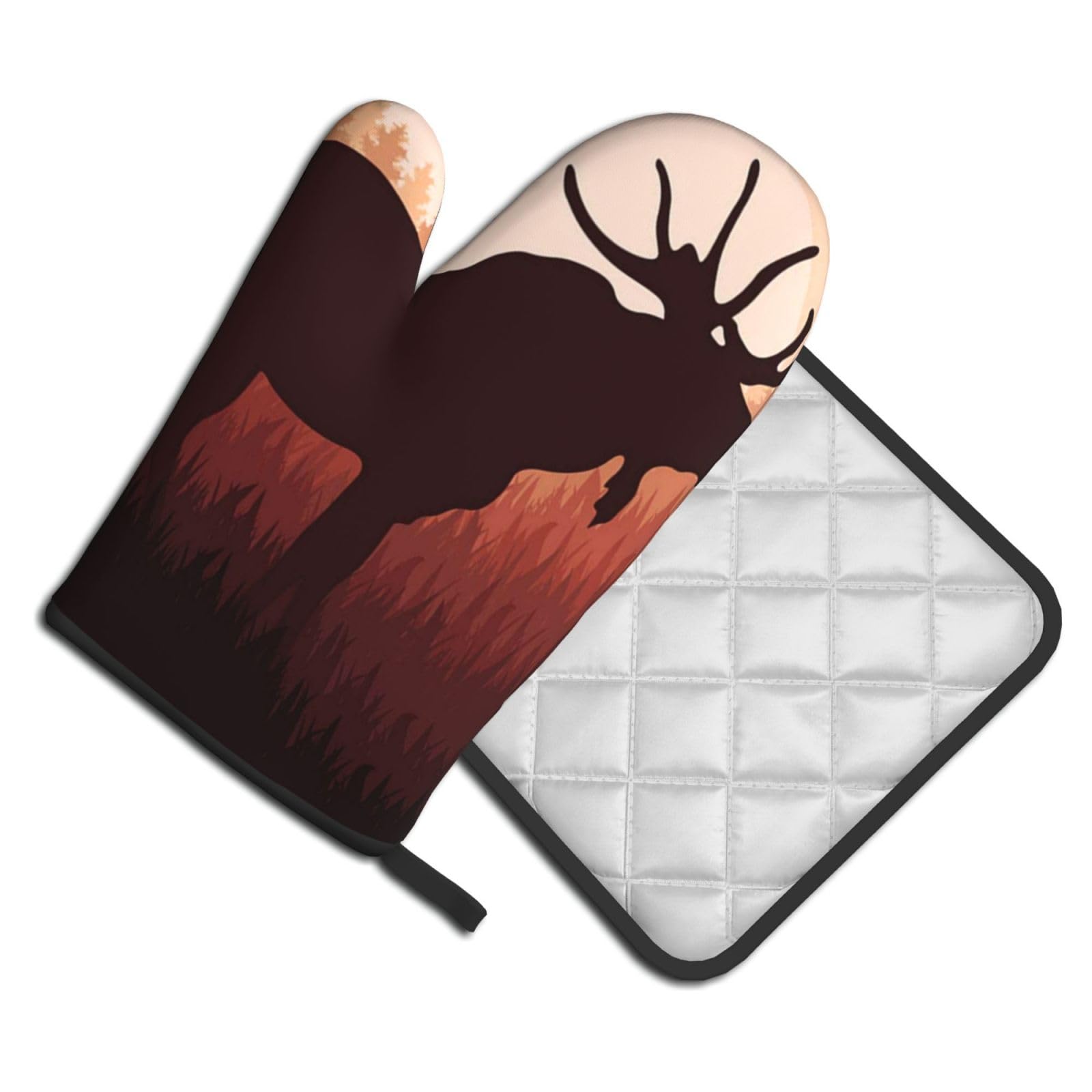 Oven Mitts and Pot Holders Set of 2 Pcs, Wild Animal Moose Printed Heat Resistant Kitchen Gloves Potholders for Cooking Baking Grilling