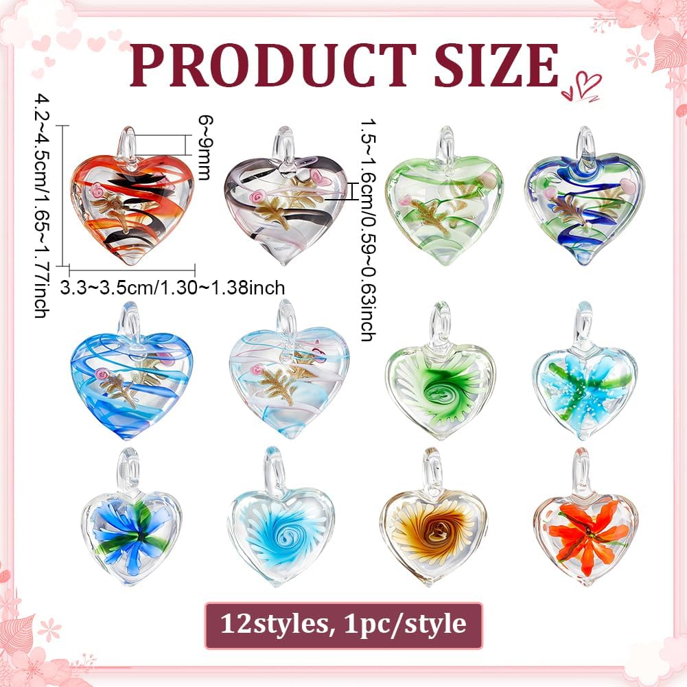 PH PandaHall 12PCS Blown Glass Heart Charms Flower Pattern Lampwork Pendants Clear Love Hanging Charms Ornaments Floral Dangles for Jewelry Making Bracelet Earrings Necklace DIY Crafts, 12 Styles