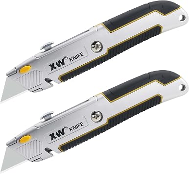 XW Retractable Utility Knife, Heavy Duty Zinc Alloy Box Cutter with Total 10 PCS Blades, 2-Pack