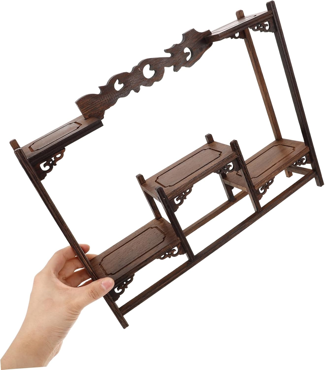 Cabilock Stable Wooden Display Shelf Organizer for Collectibles Antique Tabletop Stand for Home Office Treasured Items Elegant Design for Vases and Curios