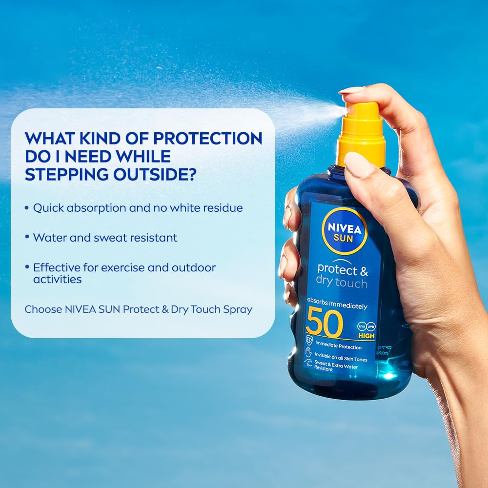 NIVEA SUN Protect & Dry Touch Invisible Body Lotion Spray 200 ml/6.76 oz – Lightweight, Fast-Absorbing, Transparent Formula for Everyday Outdoor Skin Care and Easy Application