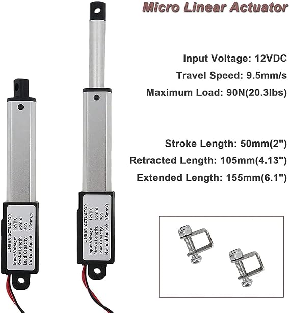 Micro-Linear Actuator, 2 Inch Stroke, 90N/20.3Lb, Speed 9.5mm/S Electric Waterproof Actuator Motor Linear Actuator 12V