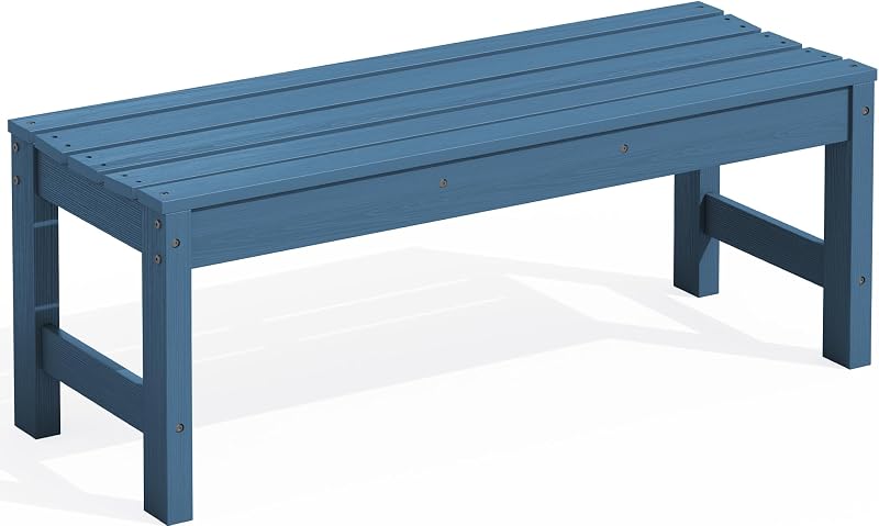 SERWALL 47 Inches Backless Outdoor Bench for 2-Person, Navy | Curved Bench Seat for Comfort, All Weather HDPE Bench with Wood Grain Texture for Garden Porch and Park