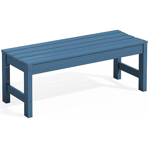SERWALL 47 Inches Outdoor Bench, All Weather HDPE Backless Bench with Wood Grain Texture for Garden Porch and Park, Curved Bench Seat for Comfort, Blue