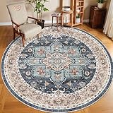 TOPRUUG Washable Oriental Area Rug - 8ft Round Rugs for Living Room Soft Carpet for Bedroom Waterproof Floral Distressed Indoor Stain Resistant Non-Shedding Floor Carpets (Blue/Teal/Orange, 8ft-Round)