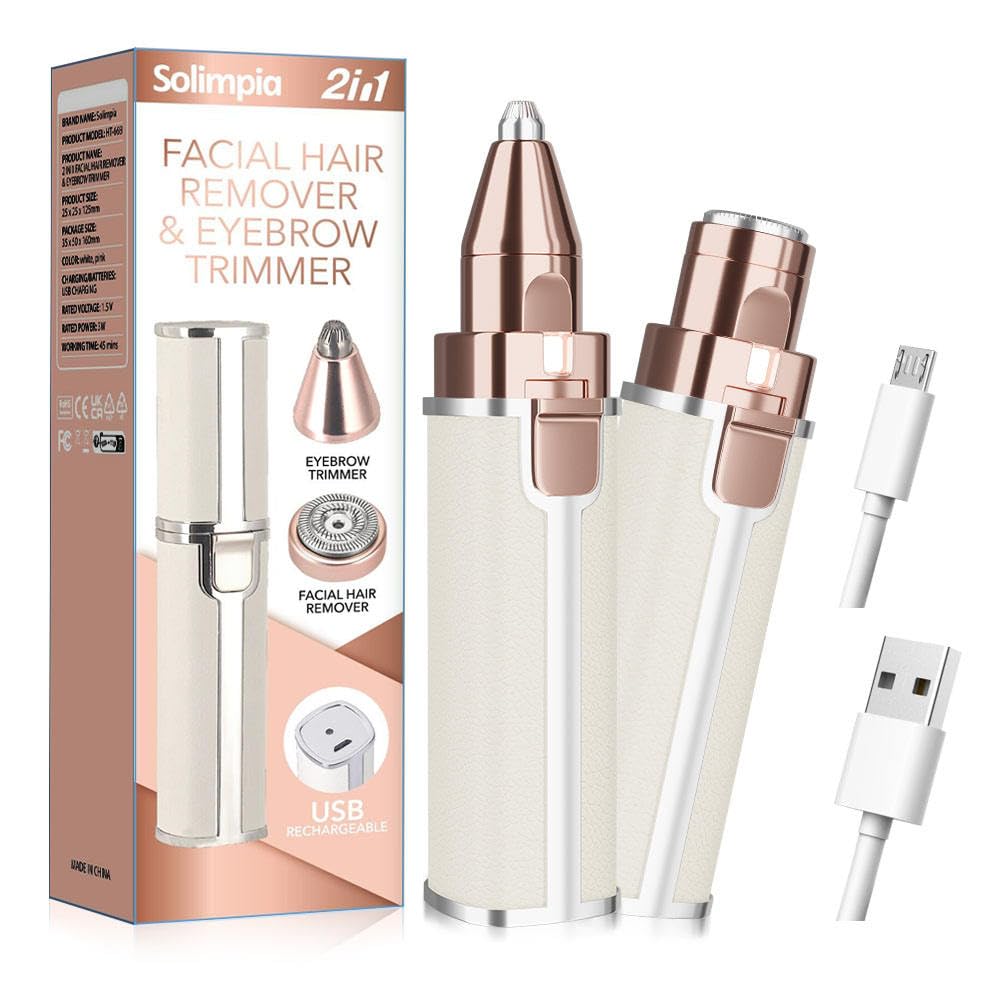 Solimpia女性用電気式フェイス・眉シェーバー：ポータブル2合1のフェイスシェーバーとアイブロウトリマー、内蔵LEDライト（ピンク）