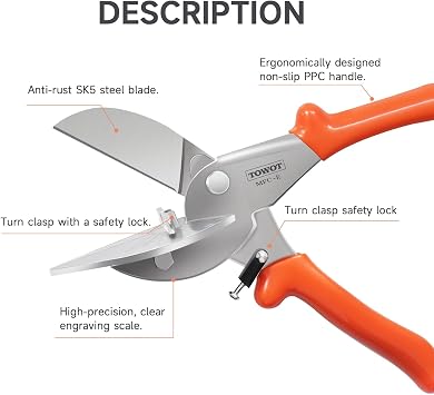 TOWOT Multi Angle Miter Shears, Angle Cutter Adjustable at 45 to 135 Degree with Safety Lock Miter Shears for Crafting, Plastic, PVC & Molding Trim, Angle Cutting Tool Including 2 Spare Blade