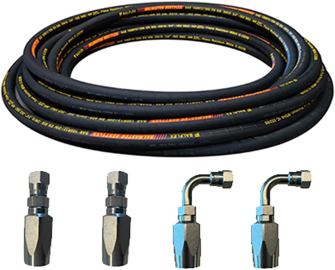 20 Ft R16-06 Hydraulic Hose Kit with (2) Straight & (2) 90° 3/8" Female JIC Reusable Fittings | Hydraulic Hose Assembly for Trailers, RVs & Equipment | R2/R16 Field-Attachable Hose Kit
