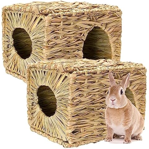 Auto-plaza Foldable Grass Woven Animal Hut Bunny House Play Hideaway Bed Mat Chew Toy for Rabbit Guinea Pigs Gerbils Hamster (14.5"x11"x10") Cover