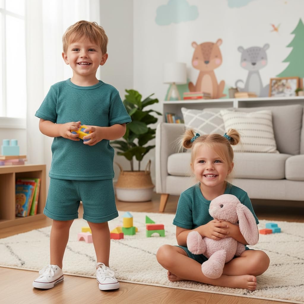 Kids 100% Merino Wool Base Layer Set,Undershirt Top&Shorts Outfit,Moisture-Wicking Short Sleeve for Girls and Boys