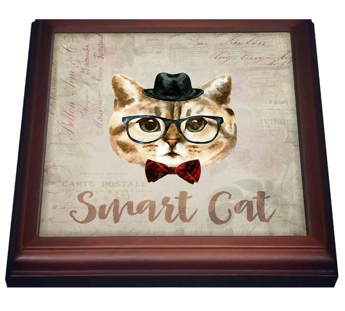 3dRose Funny Cat with Hat and Glasses Watercolor Illustration Trivet with Tile, 8 by 8