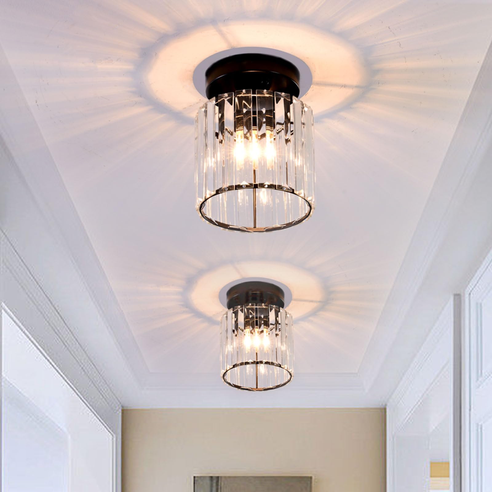 Skade Mini Crystal Ceiling Light, Modern Industrial Semi Flush Mount Ceiling Light Fixtures, E27 Indoor Lighting Fixture for Hallway, Bathroom, Kitchen, Dining Room, Living Room (Round Black)