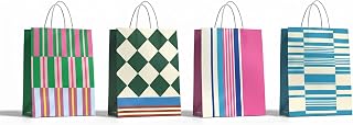 geomluxe Kraft Paper Gift Bags Set of 4 – 4 Premium Geometric Colorful Patterns, 10.6" Hx8.3 Lx4.3 D – Trendy Party Favor Bags for Birthdays, Weddings, Goodie Bags, Gifts