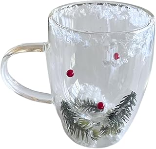 Double layer glass coffee mug. Clear water cup for coffee or tea. Dried flower mug. Christmas gift. Gift idea. Pine and berry mug. Espresso cup. Christmas mug
