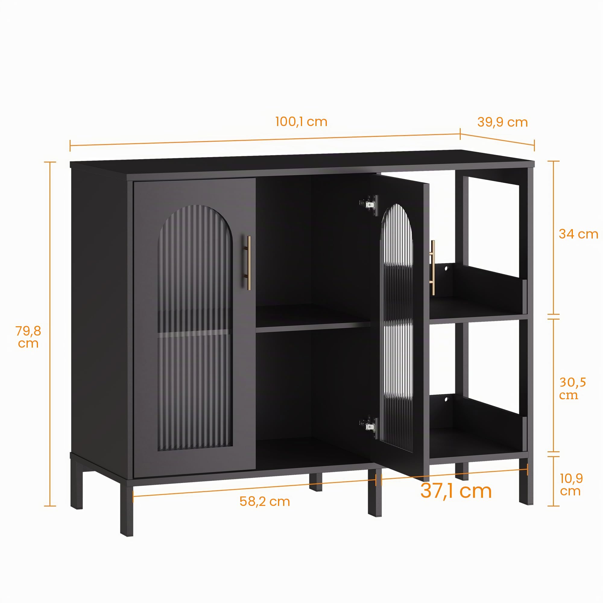 Metallschrank Mit Glastüren, Sideboard Küchenschrank, Glas Vitrine Schrank Mit Verstellbarem Regal, Anrichte Schrank Für Küche Esszimmer Wohnzimmer, 100 x 40 x 80 cm, Schwarz