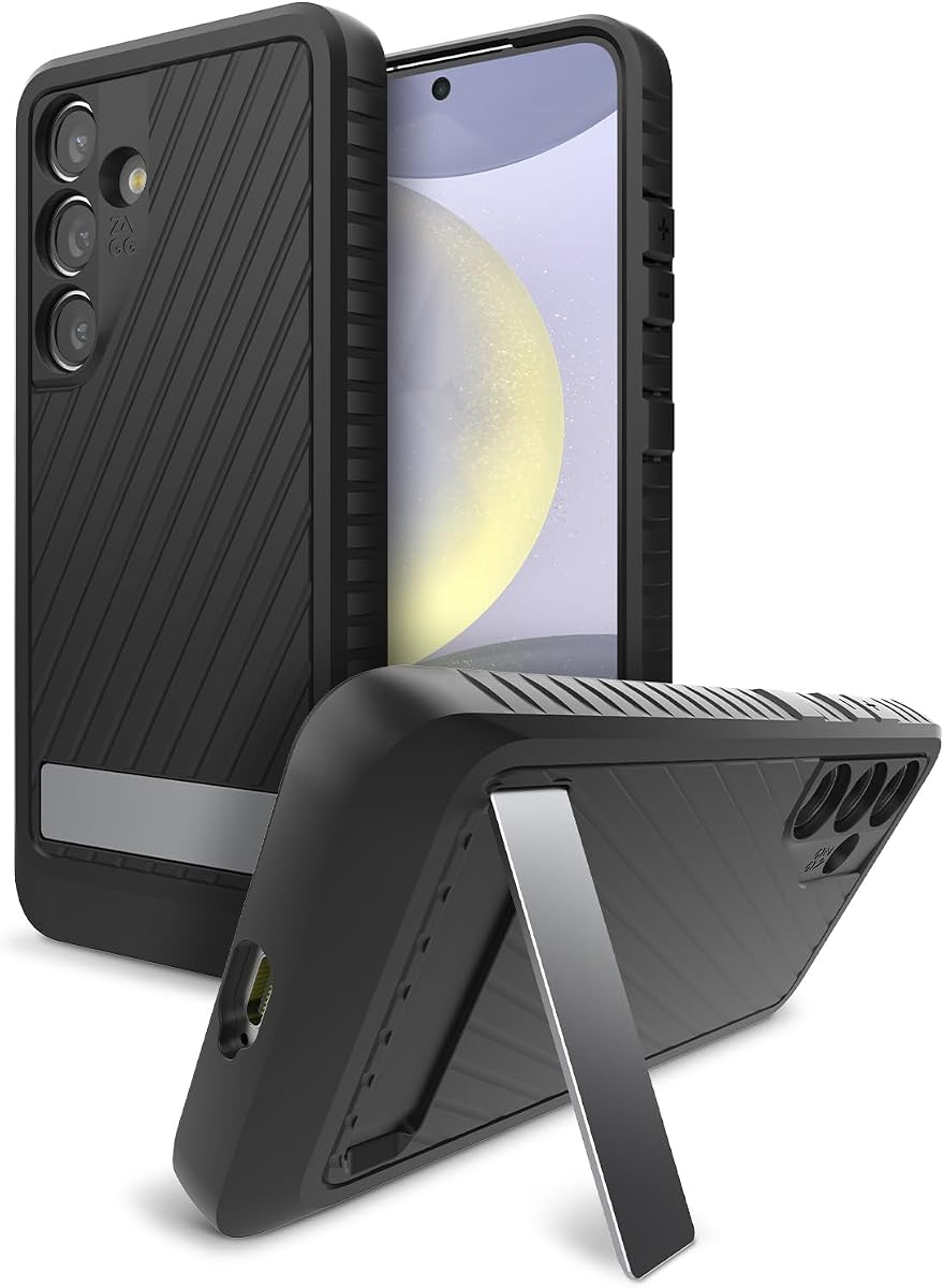 ZAGG Everest Funda para Samsung Galaxy S24 con función atril - Protección contra caídas con grafeno de triple capa de hasta 20 pies, diseño ecológico, agarre texturizado, negro