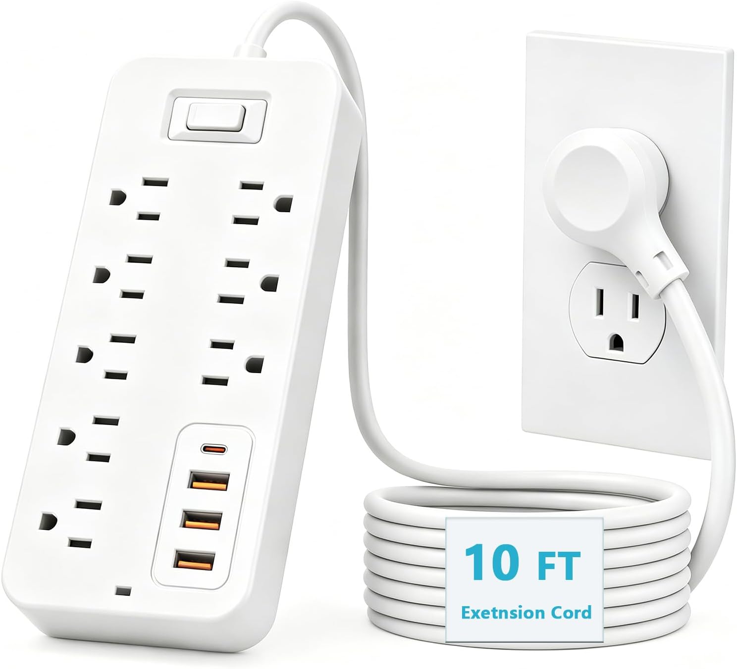 12-in-1 Surge Protector Power Strip, 8 Outlets 4 USB Ports (USB-C), 10Ft Flat Plug Wall Mount Charging Station for Home, Garage, Dorm & Office