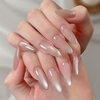 Almond Press On Nails, Glossy Nude Pink Silver Ombre, Long, 1 Set | Gradient Shimmer Finish, Medium-To-Long Shape, Assorted Fitting Sizes, Home Manicures, Dinners And Formal Events