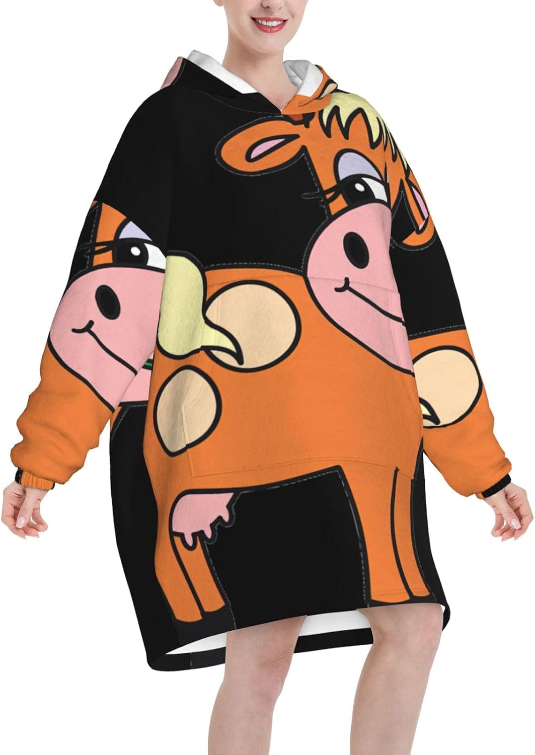 Cartoon Cute Cowprint Oversized Hoodie Blanket, Super Soft Warm Comfortable Hoodie, Wearable Blanket Adult