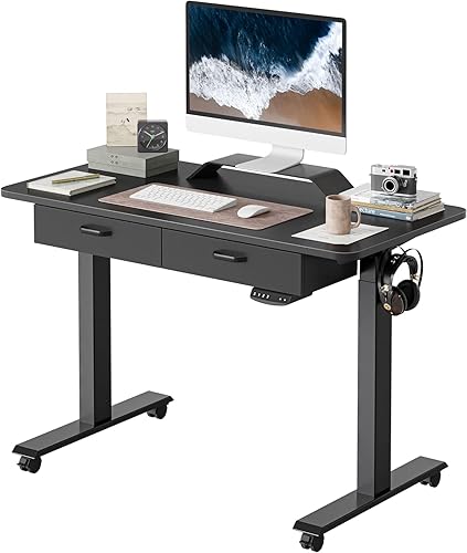 BANTI Escritorio eléctrico de pie de altura ajustable de 48 x 24 pulgadas con cajón doble, escritorio de oficina en casa de 48 x 24 pulgadas con