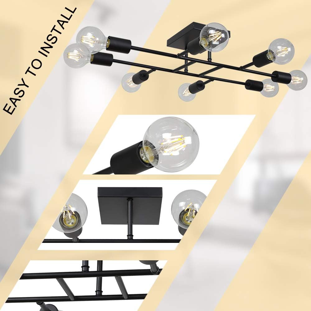 Exclusive Discount 90% Price ELUZE Black Flush Mount Ceiling Light Metal Dining Room Ceiling Light, 8 Lights E26 Base Sputnik Chandelier Lighting Industrial Vintage Kitchen Light Fixtures