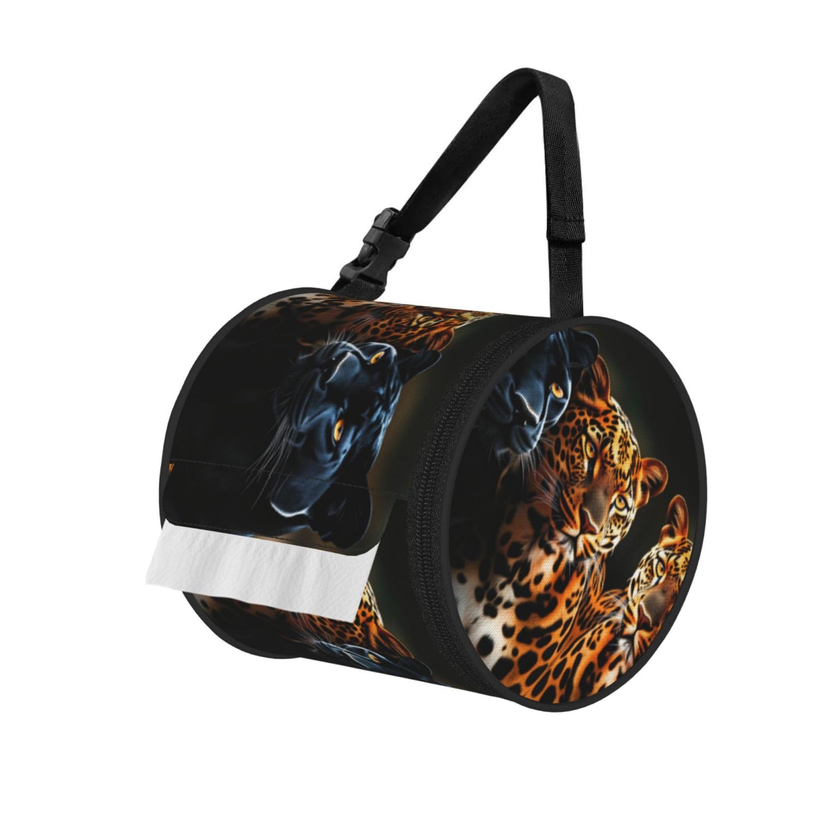 Real Leopard Print Print Round Tissue Dispenser Bag With Carry Strap, Portable Roll Holder For Car Travel Home