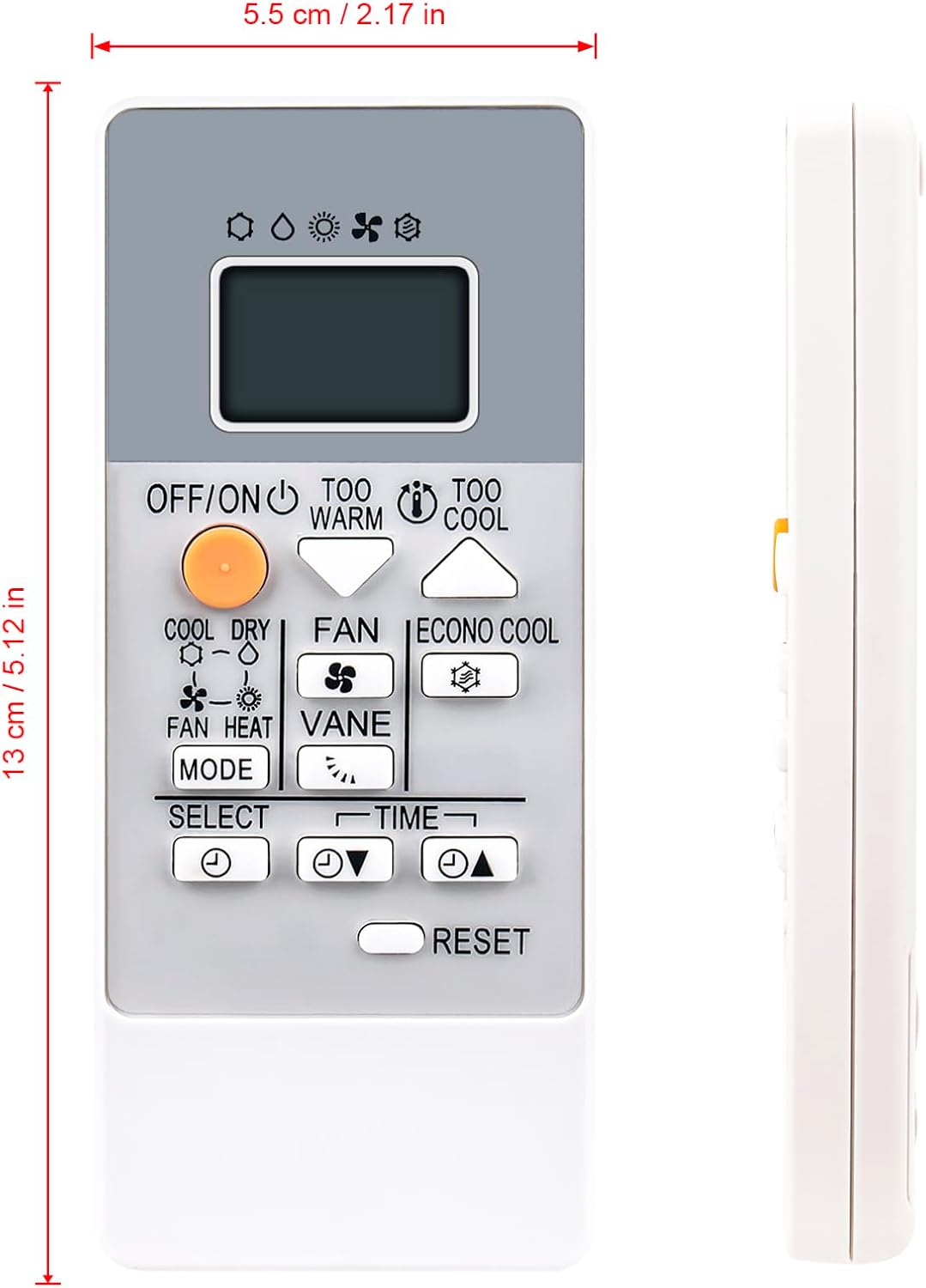 ECONTROLLY RH18A remote control with dimensions overlay