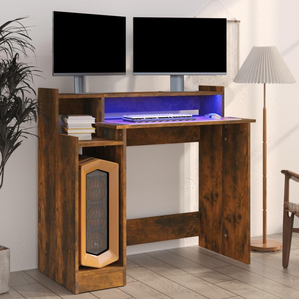 Scrivania Computer Scrivania Gaming Tavolo Consolle Scrivania Pc Scrivania con Luci LED Rovere Fumo 97x45x90 cm in Multistrato per Camera Da Letto Soggiorno Sala Studio Studio