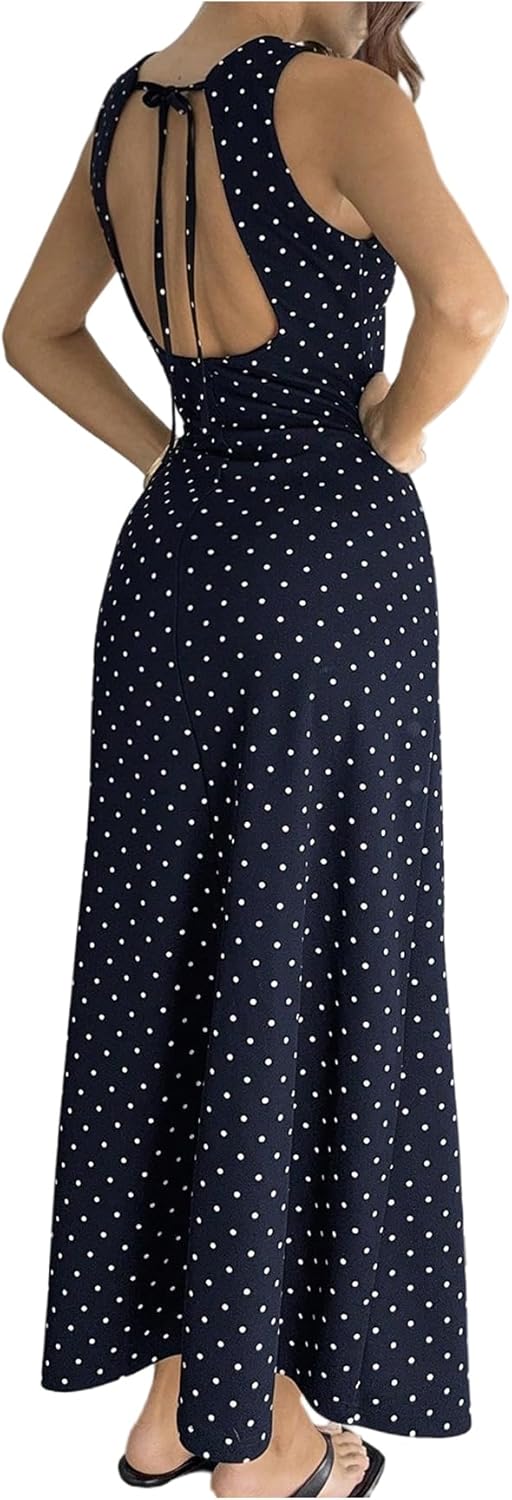 Verdusa Women's Polka Dots Backless Dress Sleeveless Going Out Long Dresses Brunch Outfits