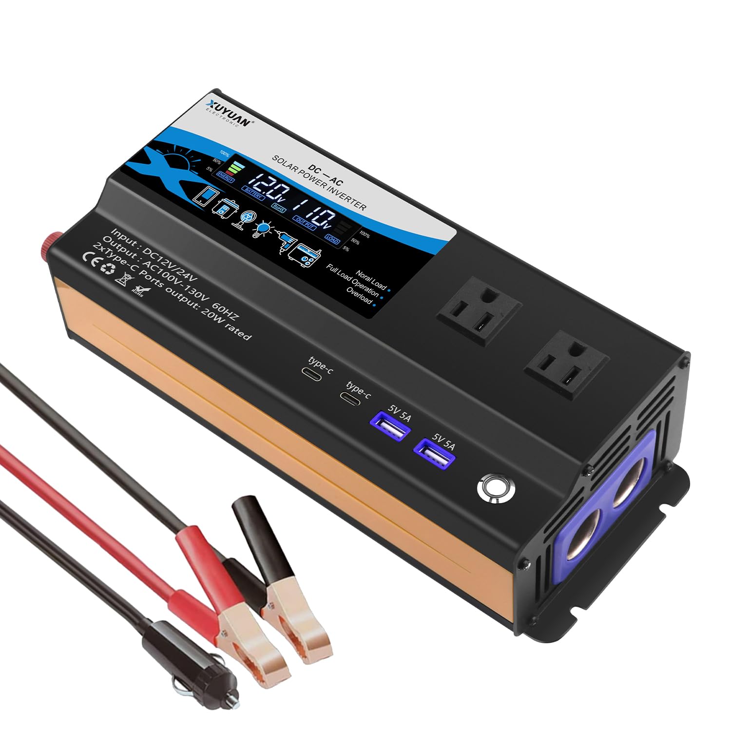 インバーター 1200W (瞬間2000W対応) DC12V/24V自動変換→AC100/110V 無音設計/過保護機能搭載 キャンピングカー・防災備蓄・太陽光発電兼用 ACポート×2 USBポート×2 typeポート×2 シガーソケットx2 国内電化製品対応 アウトドア/緊急電源用 修正正弦波