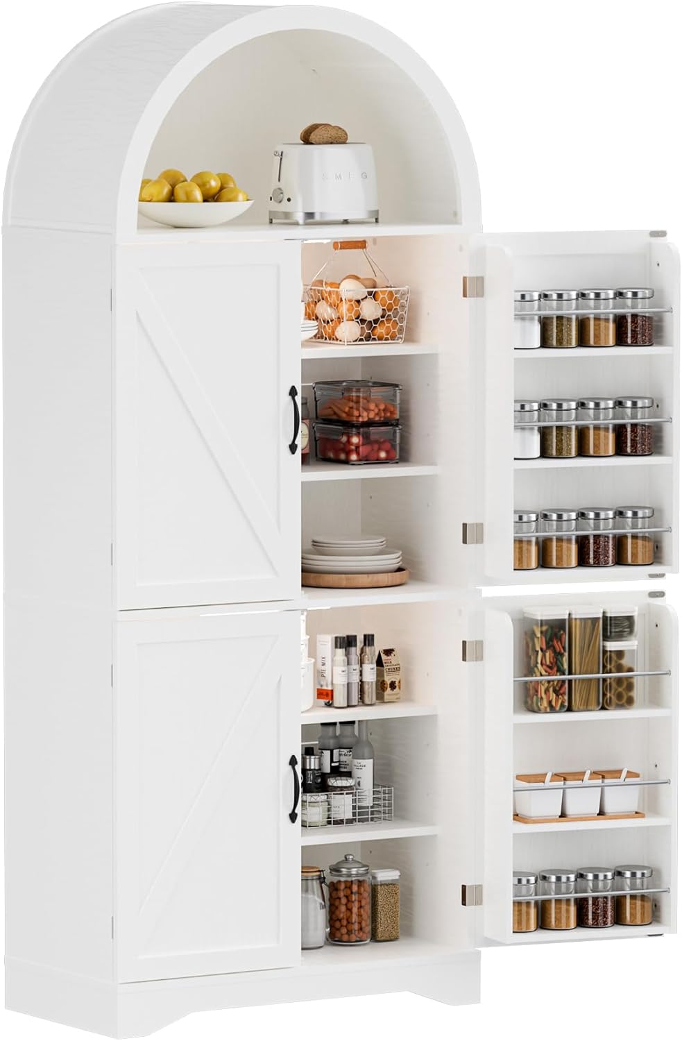 Arched Kitchen Pantry Cabinet with Adjustable Shelves, Modern Farmhouse Storage Cupboard, White Freestanding Wood Cabinet with LED Lights.