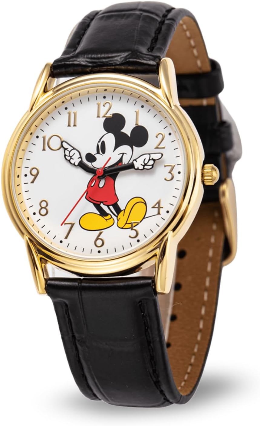 Mickey Mouse Watch Men - Mickey Mouse Watches for Men - Watch for - Classic Mens Watches - Gift - Silver Bezel - Leather Strap Collectible