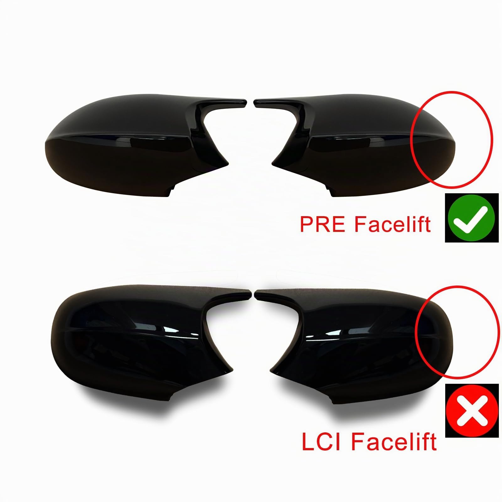 1 par de cubiertas traseras para espejos retrovisores de coche, reemplazo de espejos retrovisores para BMW E81 E82 E87 E88 E90 E91 2005-2008 E92 E93 2006-2009 PRE-LCI Facelift Negro Brillante