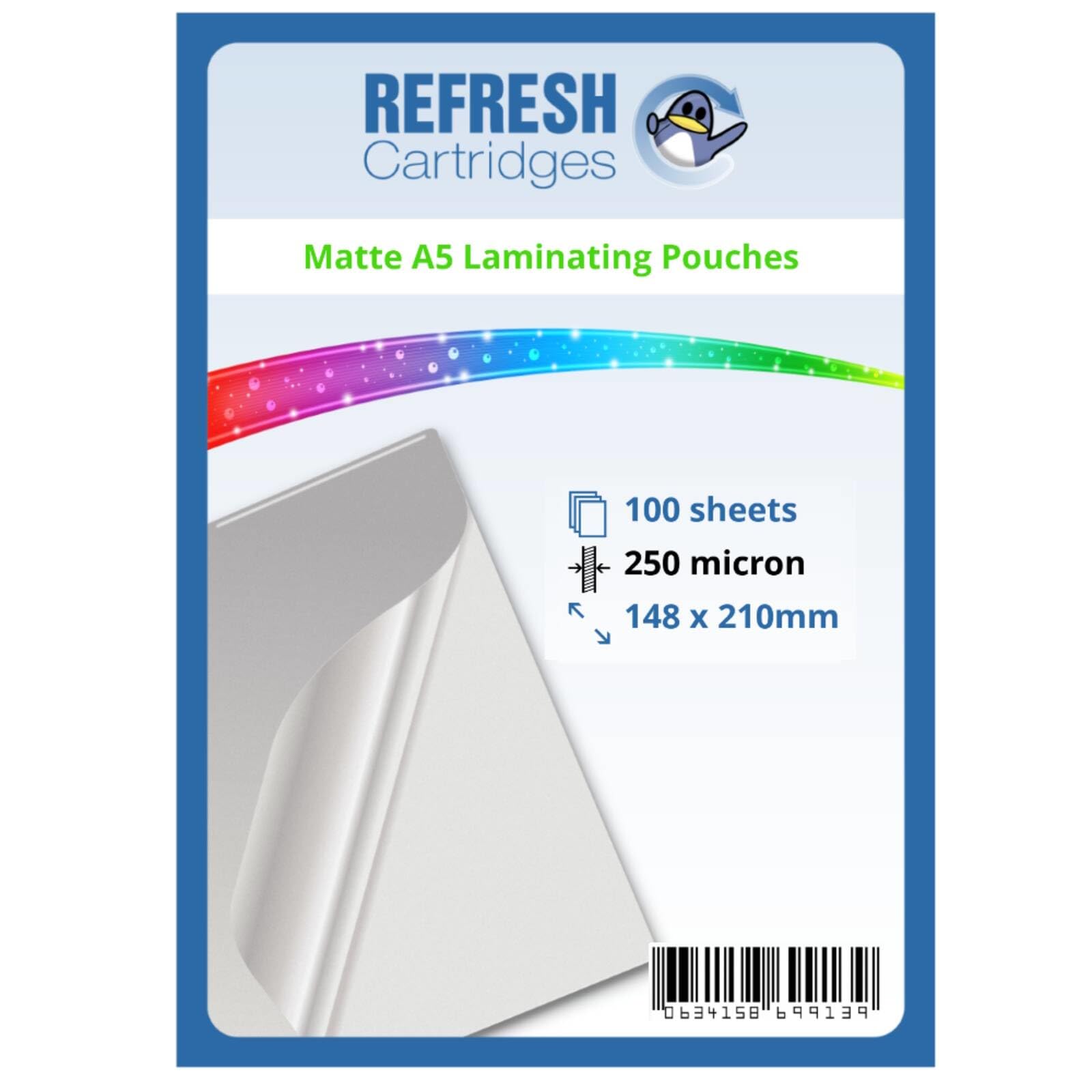Refresh Cartridges Matte Laminating Pouches A5 250 Micron Pack of 100 Sheets