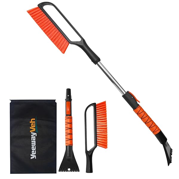 YeewayVeh 35 inch Ice Scrapers for Car Windshield, Extendable Snow Brush for Car with Foam Grip & Additional Handhold, 2 in 1 Detachable & Scratch-Free Snow Scraper for Car Truck SUV, Orange