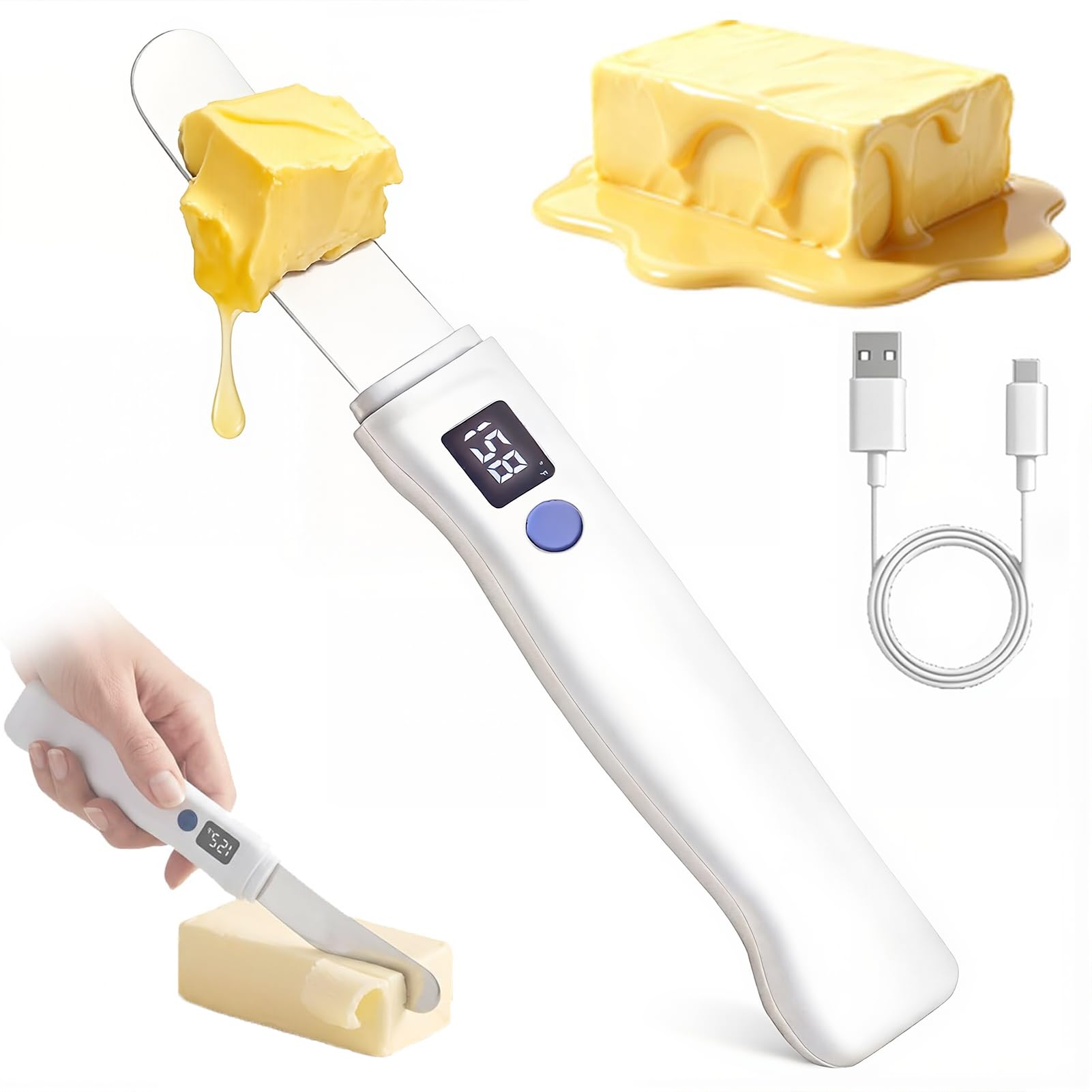 Eoweiot Electric Heated Butter Spreader, Heated Butter Knife 2-Gear Temp Adjust, Smart Stainless Steel Electric Butters Warmer for Kitchen