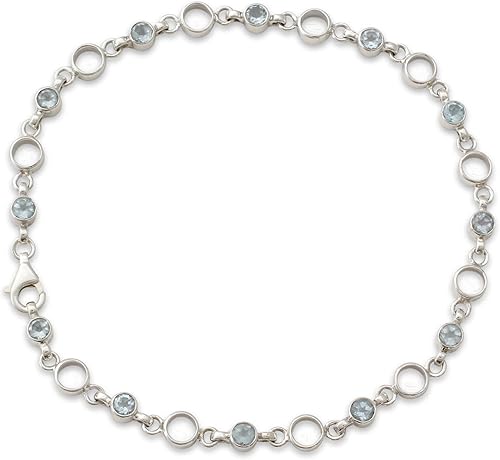 NOVICA Tobillera artesanal hecha a mano con eslabones de topacio azul con plata de ley 925 con piedra natal de la serenidad de la India 'Elegant