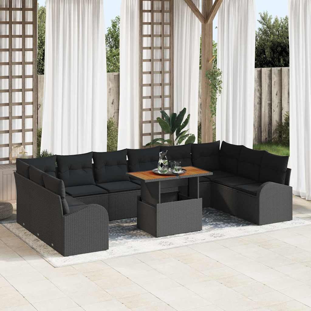 Juego de sofás de jardín con cojines de 11 piezas, color negro, 2 sofás, 2 bancos esquineros, 6 bancos centrales y mesa de poliratán y madera de acacia, muebles de exterior para terraza