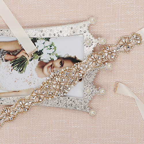 Tendaisy Women's Beaded Rhinestone Pearls Wedding Dress Belt Bridal Sash For Bridesmaid(Gold-Ivory) #TOP5